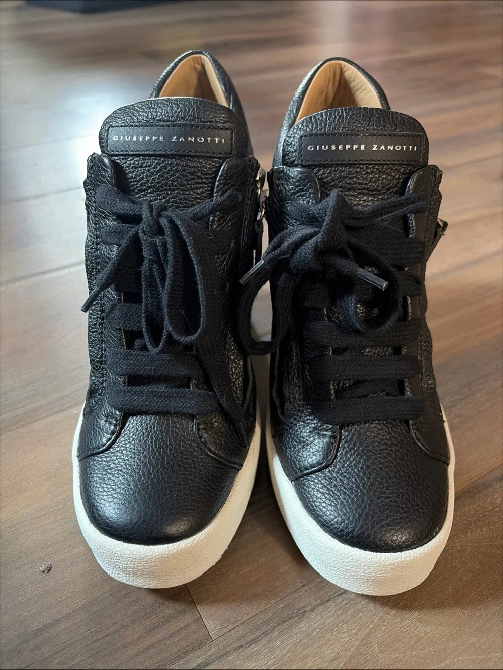 Giuseppe Zanotti Black Leather Wedge HighTop Sneakers White Sole Zip Italy 39.5